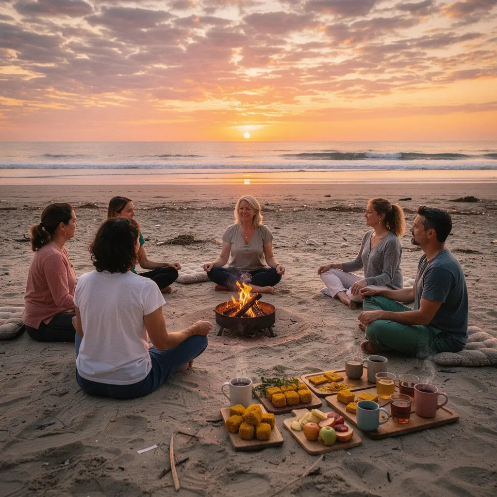 Estudio de yoga con personas practicando asanas en un espacio luminoso y natural.