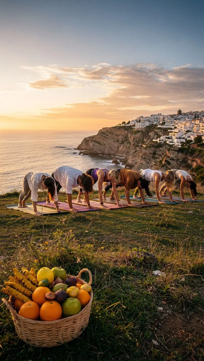 Mujer meditando en una esterilla de yoga con un fondo de plantas verdes y soleadas.