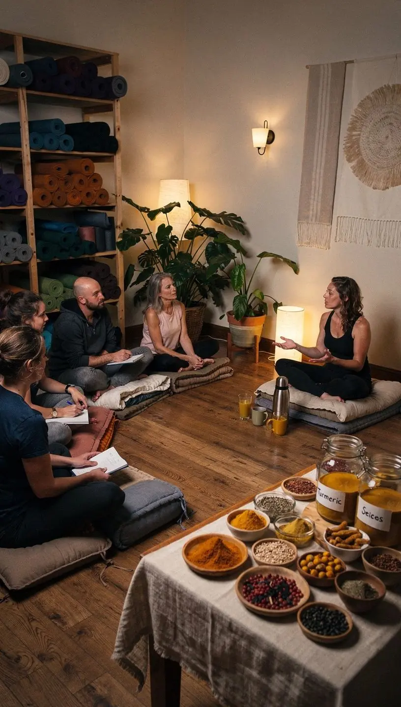 Botellas de agua y suplementos naturales alineados en una mesa de ejercicio.
