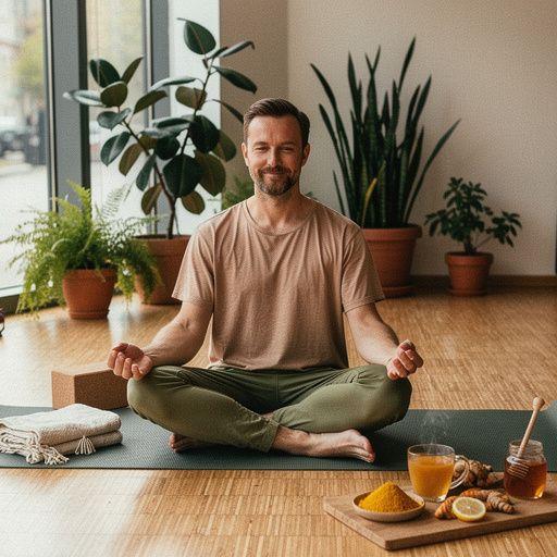 Taza de té de cúrcuma con un fondo de un estudio de yoga luminoso y acogedor.