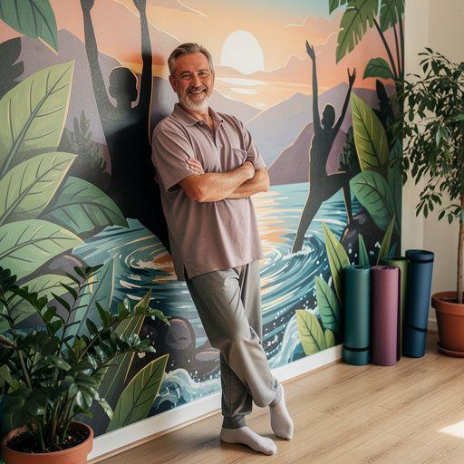 Escena de una clase de yoga con instructores guiando a los participantes en posturas de bienestar.